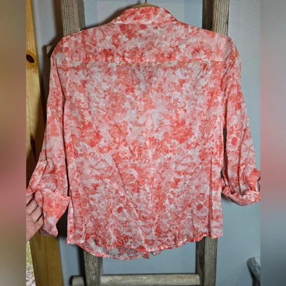 Talbot's CORAL and White Button-Up Blouse 12P - Picture 2 of 5